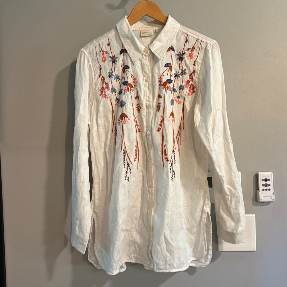 Spartina Embroidered Linen Button Down Shirt Floral Bohemian Tunic Top Sz L